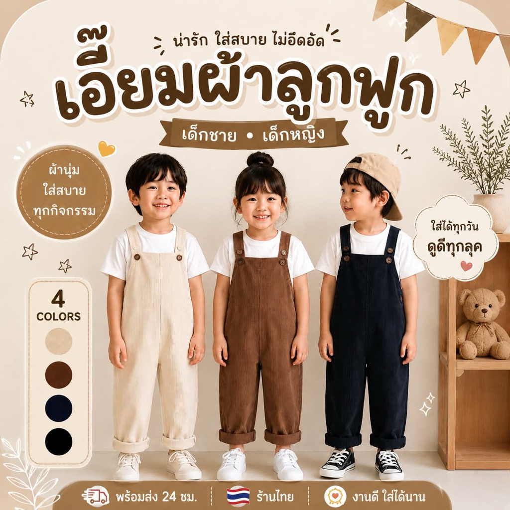 พร้อมส่งในไทย เอี๊ยมลูกฟูกเด็ก ผ้านุ่ม ใส่ได้ทั้งหญิง-ชาย แมทช์ง่ายทุกลุค