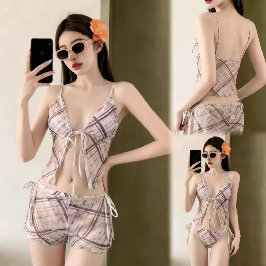 🌸Swift Bra🌸bikini swimsuit บิกินี่ 3 ชิ้น เสื้อผีเสื้อ ลายตารางหมากรุก สินค้าแฟชั่นใหม่ beachwear