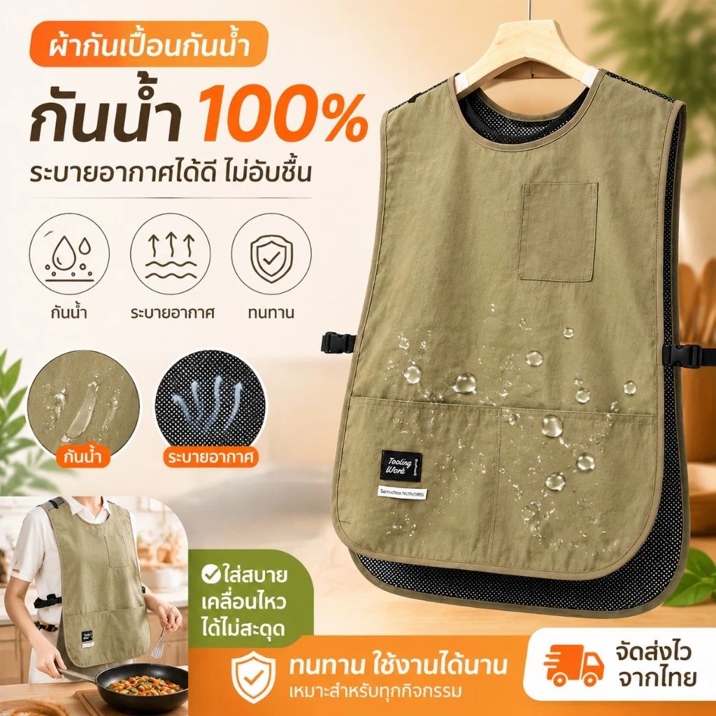 【COD】ผ้ากันเปื้อน กันเปื้อน ผ้ากันเปื้อนกันน้ำและคราบ ไม่อับ วัสดุไนลอนคุณภาพสูง ดีไซน์ด้านหลังระบายอากาศได้ดี