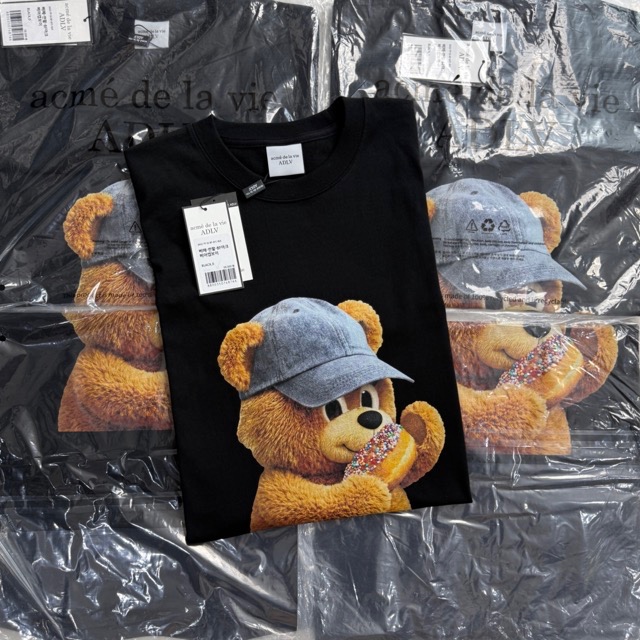 เสื้อยืดโอเวอร์ไซส์ acme de la vie แขนสั้น สไตล์ น้องหมีหมวกยีน