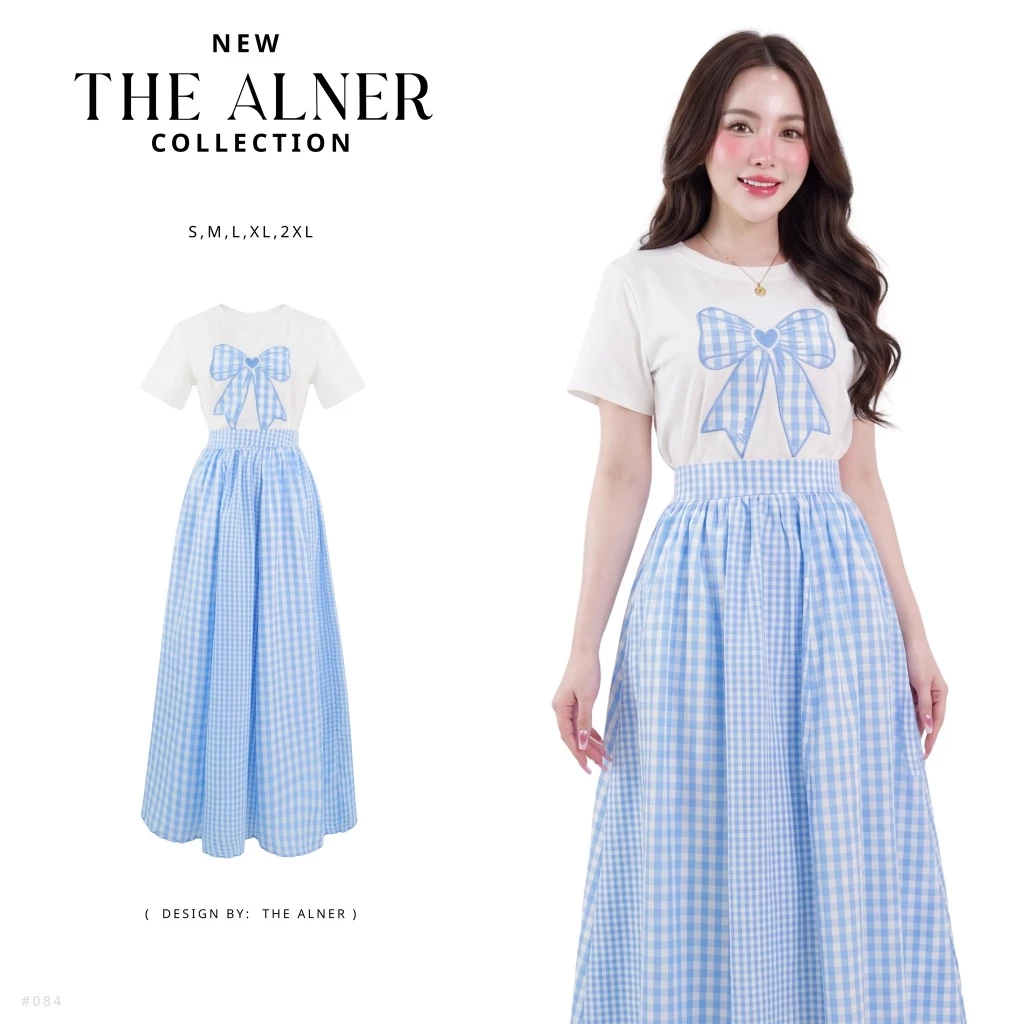 Thealner-AN084 (เซตเสื้อขาวปักโบว์+กระโปรงฟ้าลายสก็อต)
