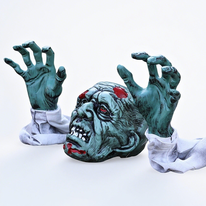 หุ่นซอมบี้ปักสนาม Zombie Groundbreaker โมเดลหัวและมือผีโผล่จากดิน ของตกแต่งสวนวันฮาโลวีน ปาร์ตี้