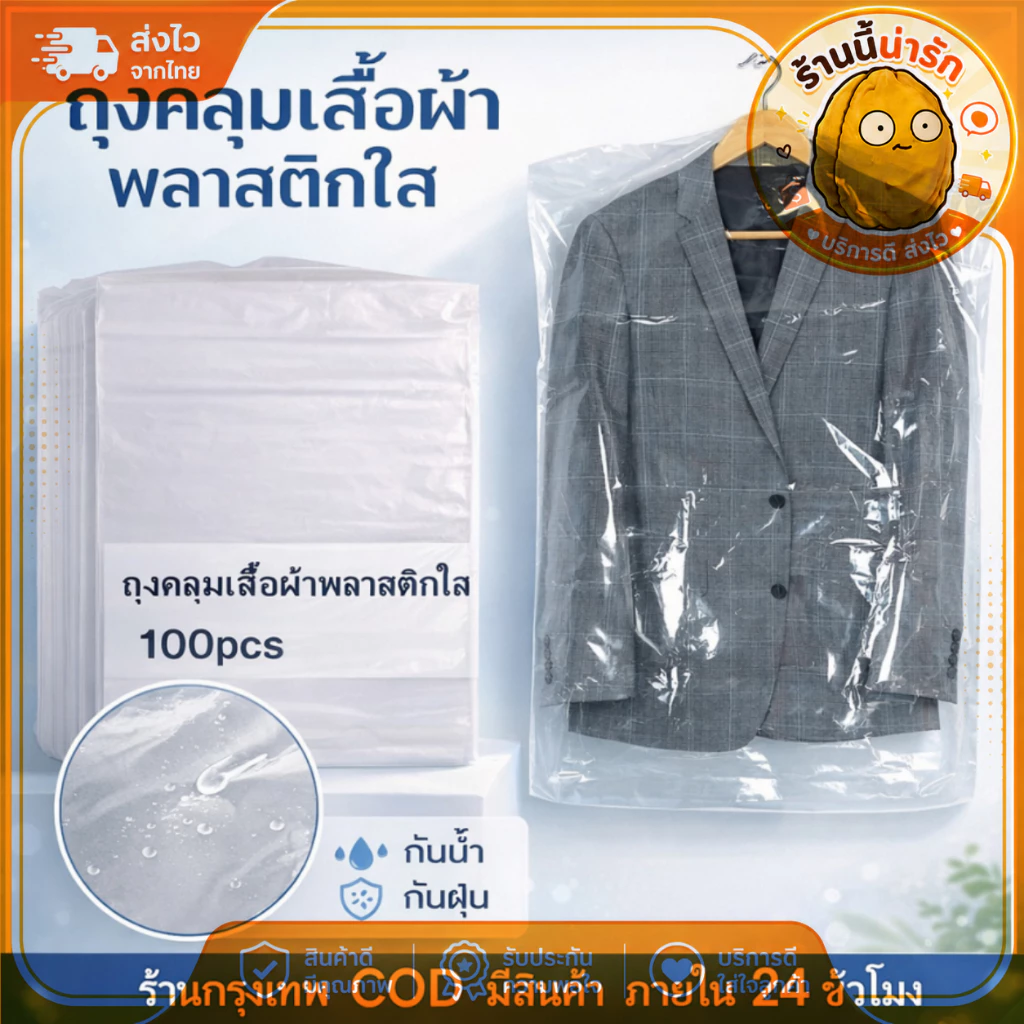 100 ชิ้น ถุงคลุมเสื้อผ้าใส ถุงพลาสติกกันฝุ่น สำหรับเสื้อผ้าแบบแขวน ถุงเก็บเสื้อผ้าใส