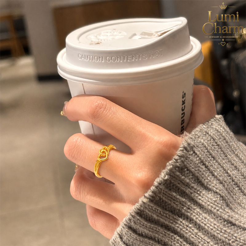 LC+แหวนผู้หญิง หัวใจคู่ ชุบทอง ปรับขนาดได้ ดีไซน์มินิมอล สไตล์เกาหลี ใส่ได้ทุกวัน