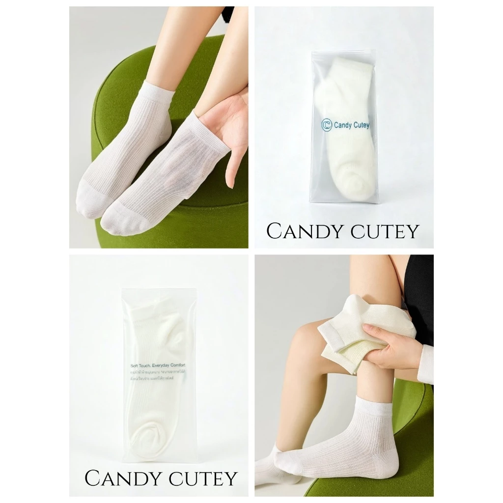 CandyCutey ถุงเท้าสั้นผู้หญิง ผ้าฝ้ายบางสำหรับฤดูร้อน ลายตาข่ายระบายอากาศ ดูดซับเหงื่อ กันกลิ่น ไม่เลื่อนหลุด