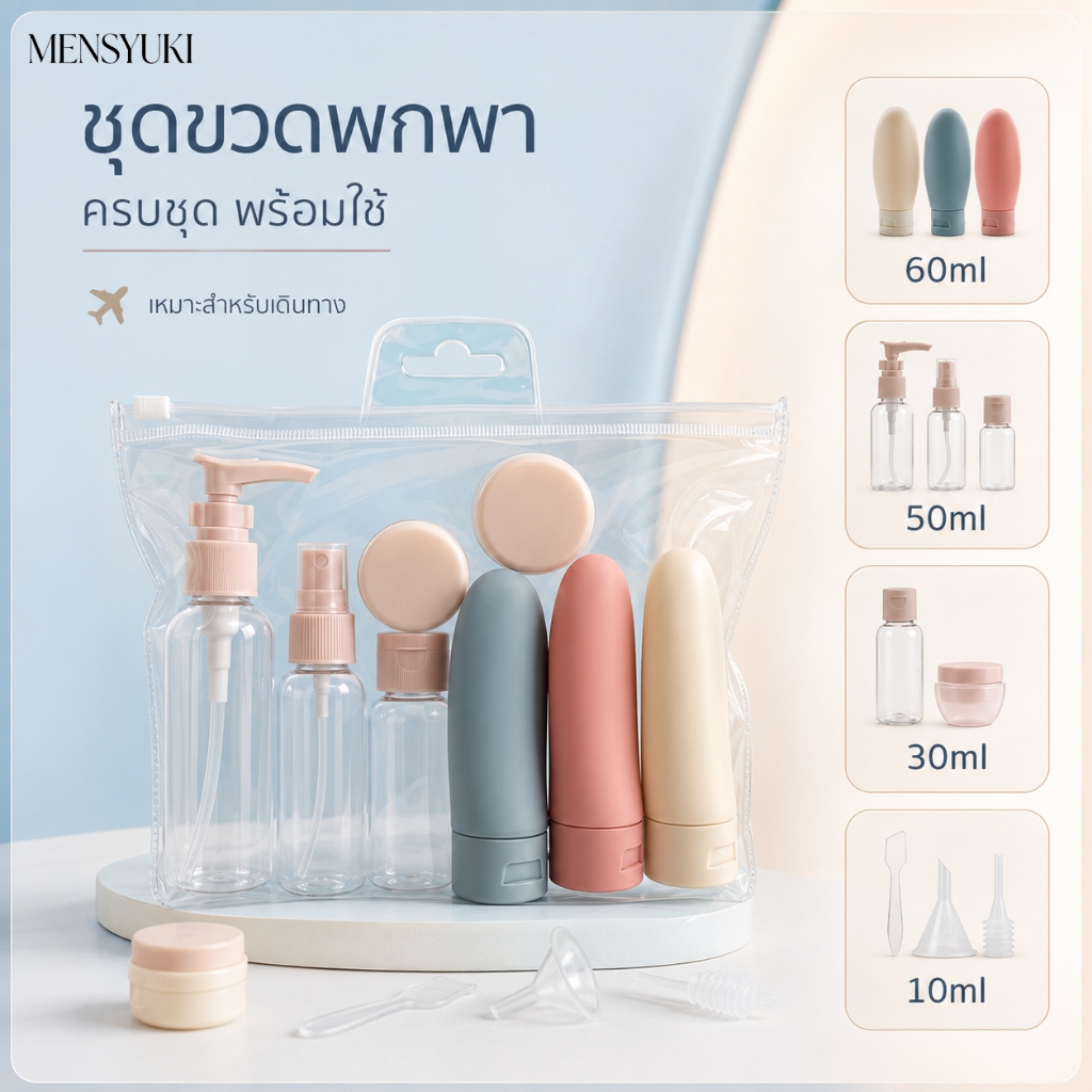 ชุดขวดเดินทางครบชุด ขวดแบ่งของเหลวและครีม พร้อมกรวย ไม้พาย และกระเป๋าซิป