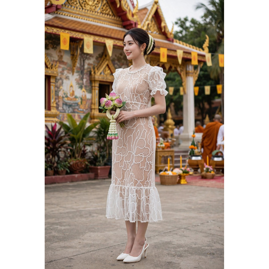 เดรสลูกไม้สีขาวแขนตุ๊กตา มีเชือกผูกรัดเอวตามสัดส่วน👗ป้ายMABEL CLOSET👗ป้ายห้อยมือ1👗