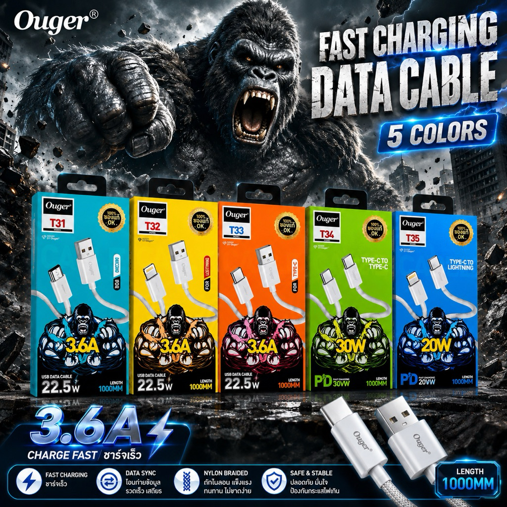 Ouger สายชาร์จเร็ว 3.6A USB Fast Charge ถักไนลอน 1 เมตร ชาร์จไว ซิงค์ข้อมูล