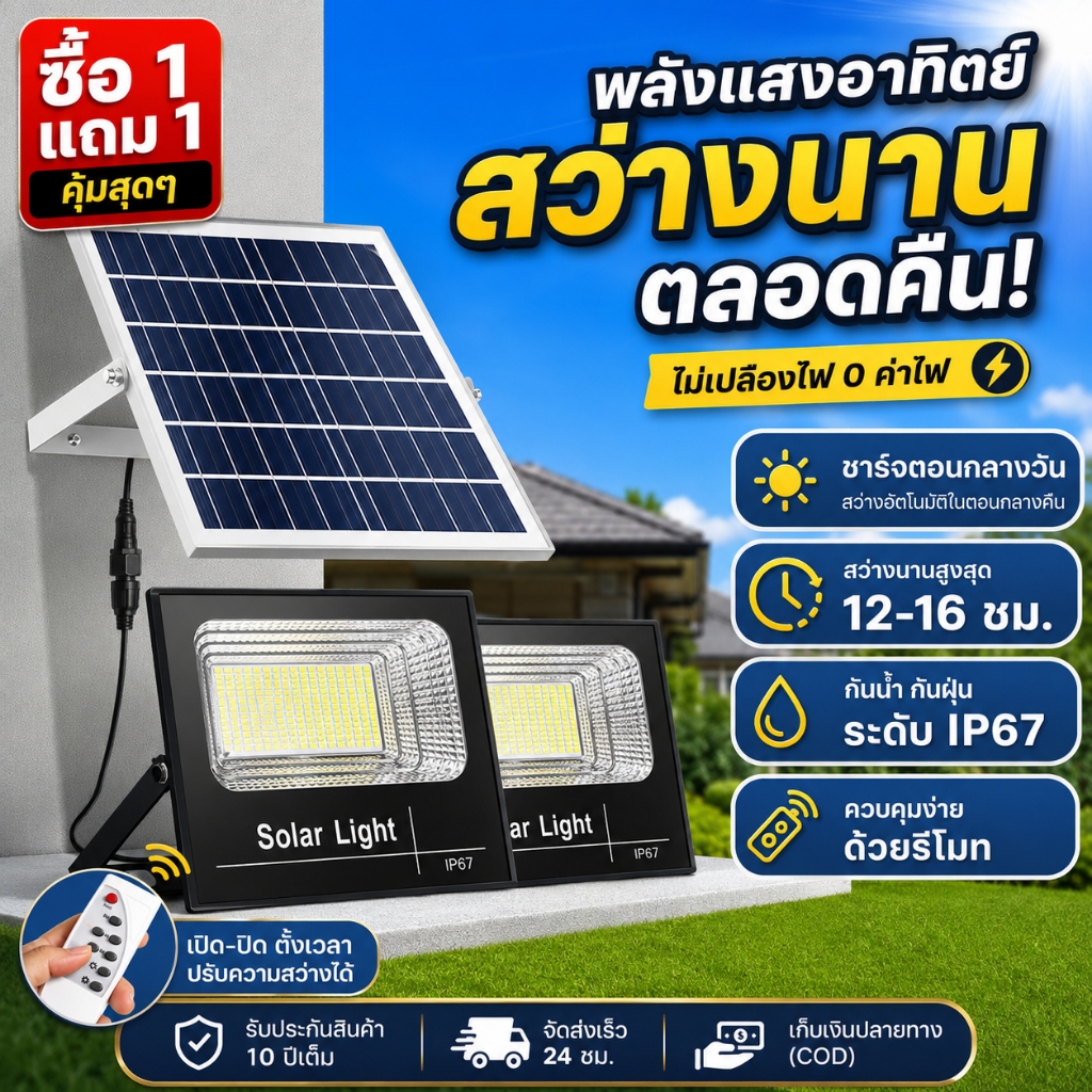 ซื้อ 1 แถม 1 ไฟสปอตไลท์พลังงานแสงอาทิตย์ ไฟ LED พลังงานแสงอาทิตย์  ไฟโซล่าเซลล์สว่างทั้งคืน