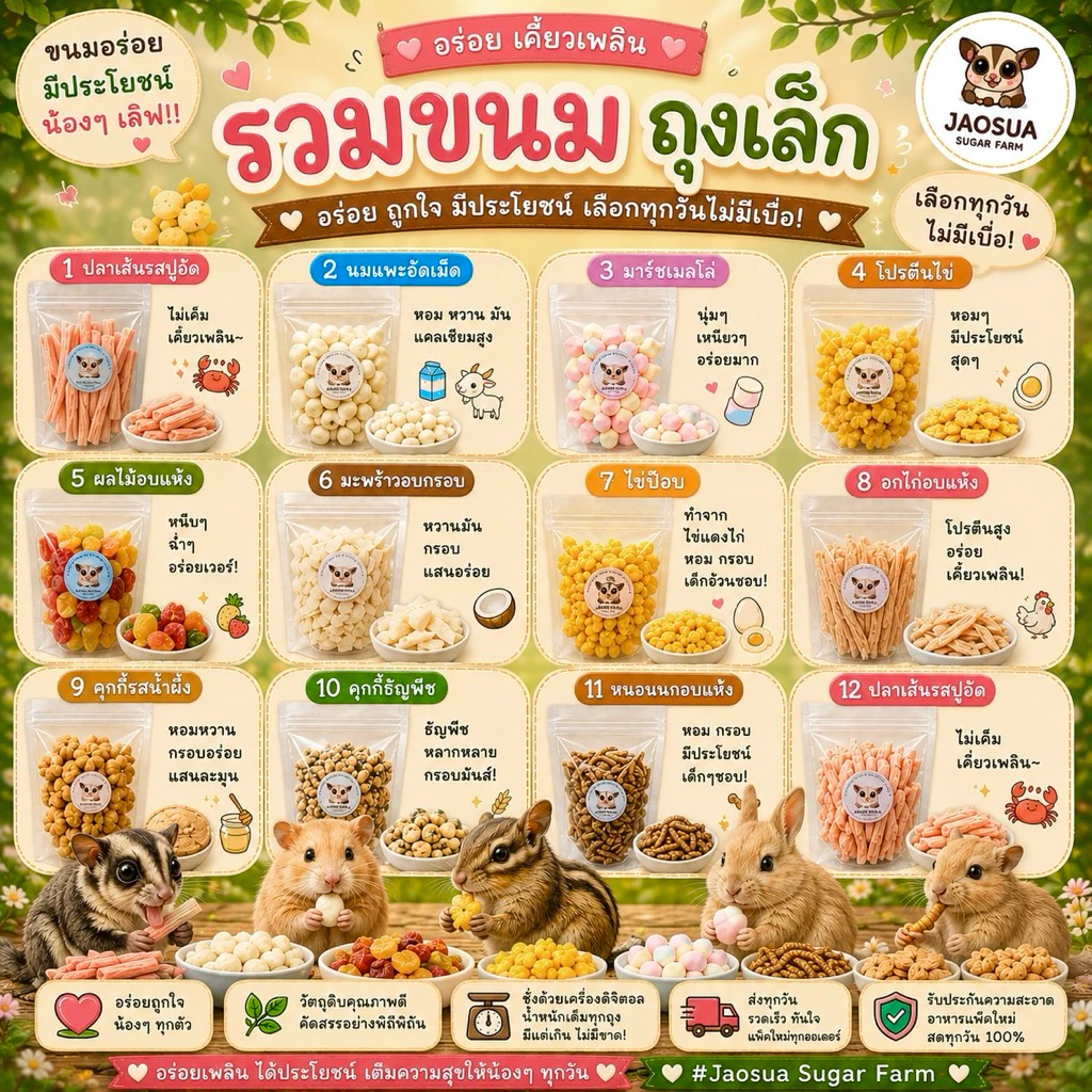 รวมขนมถุงเล็กของทานเล่น ขนม สำหรับสัตว์เลี้ยง สัตว์ฟันแทะ เม่นแคะ ชูการ์ กระรอก ดอเมาส์