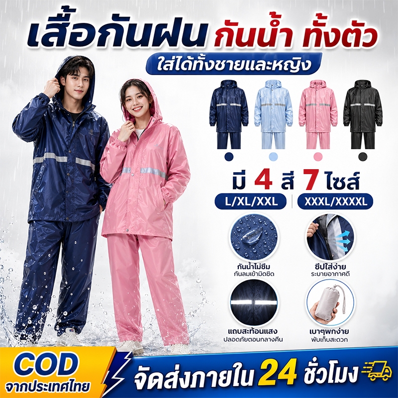 Aimi ชุดกันฝน ชุดกันน้ำ เสื้อกันฝน มีแถบสะท้อนแสง รุ่นหมวกติดเสื้อ คุณภาพดีราคาถูกมีหลายสีให้เลือก