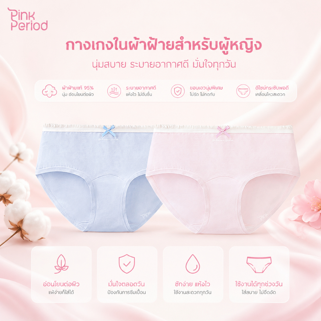 Pink Period กางเกงในผู้หญิง กางเกงชั้นในสตรี เอวต่ำ ผ้าฝ้าย นุ่มสบาย ระบายอากาศ เป้า 7A