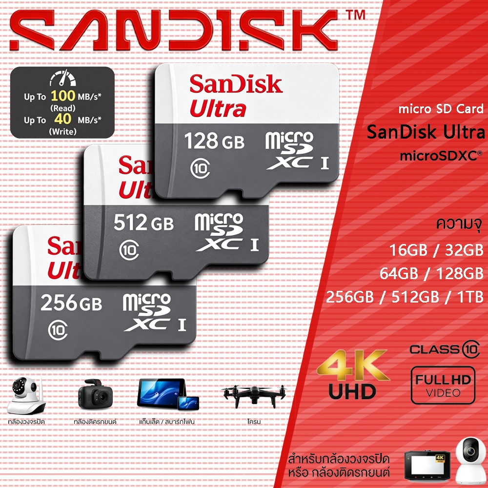 Micro SD Card SanDisk Ultra 32GB/128GB/256GB/512GB/1TB Class 10 UHS-I ของแท้ - TF Card รองรับ 4K กล้