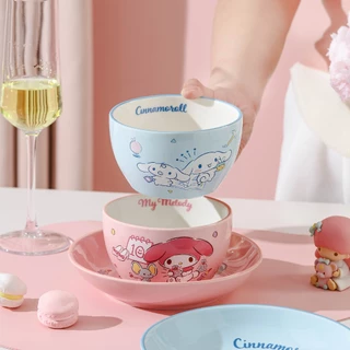 【ของแท้】Sanrio จานเซรามิก / ชาม / ช้อน รุ่นมิตรภาพ Kuromi Hello Kitty My Melody Cinnamoroll ใช้ไมโครเวฟอุ่นอาหารได้