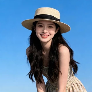หมวกฟางกันแดดผู้หญิงทรงแบนปีกกว้าง ริบบิ้นผ้าประดับ สไตล์มินิมอลคลาสสิก ป้องกันรังสียูวี หมวกกันแดด