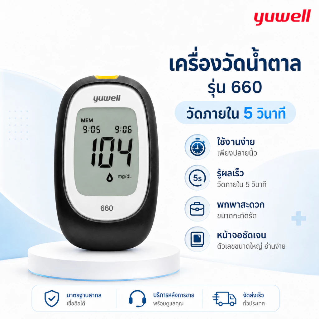 เครื่อง วัด น้ำตาล ในเลือด Yuwell รุ่น660 แสดงผลเร็ว แม่นยำ เหมาะกับผู้ป่วยเบาหวาน แถมฟรีเข็มแผ่นตรวจภายในกล่อง 10ชิ้น