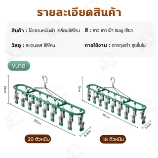 [20 ตัวหนีบ] ไม้แขวนเสื้อหนีบผ้า ไม้แขวนสแตนเลส ที่หนีบผ้า หนีบชุดชั้นใน ถุงเท้า ถุงมือ เคลือบซิลิโคน กันลื่น SQ