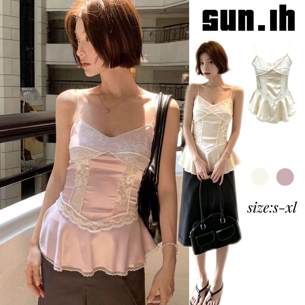 SUN พร้อมส่ง เสื้อสายเดี่ยวผ้าซาตินลูกไม้ทรงเข้ารูปสไตล์เรโทรฝรั่งเศส