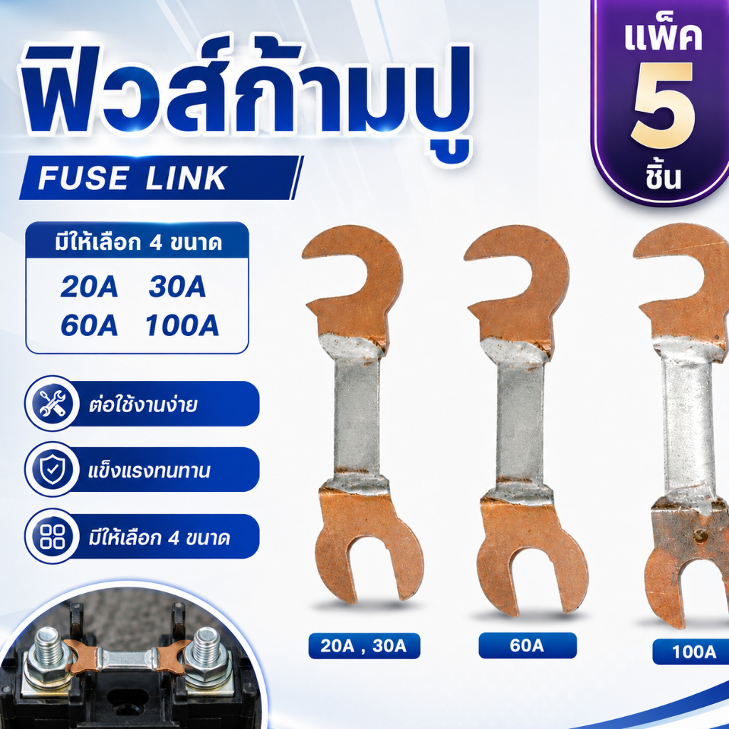 Chang (แพ็ค 5 เส้น) ฟิวส์ก้ามปู 30/60/100A ใช้ได้ทั้ง คัทเอาท์ 2P 3P ฟิวส์ ระบบไฟฟ้า ทองแดงแท้