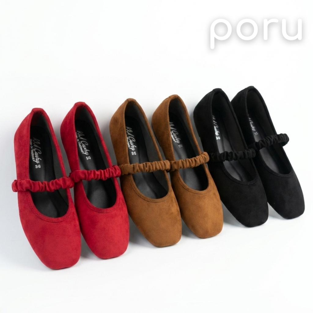 PORU รองเท้าแมรี่เจนหนังกลับ สายยางยืดสายย่น รองเท้าคัทชูผู้หญิง สไตล์เกาหลี ส้นแบน มินิมอล
