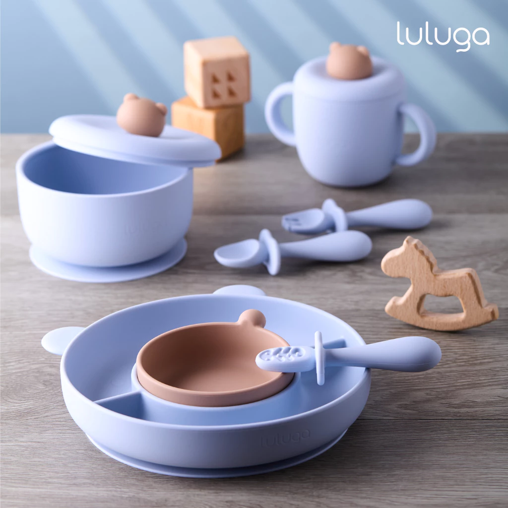 Luluga จานซิลิโคนเด็ก Bear จานดูดติดโต๊ะ แบ่ง 3 ช่อง พร้อมถ้วยแยกชิ้น Platinum Silicone สำหรับเด็ก 6 เดือน + ฝึกทาน BLW thumbnail 7