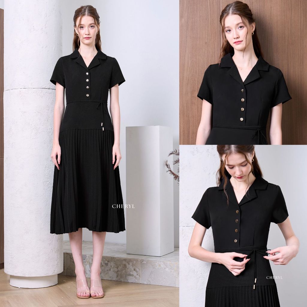 Cheryl brand - Francine Gold Buttons Maxi Pleated Dress in Black / ชุดเดรสปกเชิ้ตแขนสั้น กระโปรงอัดพลีท