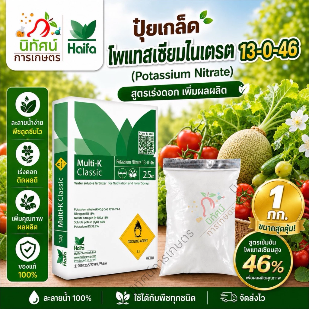 โพแทสเซียมไนเตรต 13-0-46 ตราไฮฟา เปิดตราดอก เพิ่มน้ำหนักขยายผล เพิ่มความหวานและสีสัน ปริมาณ 1 กิโลกรัม