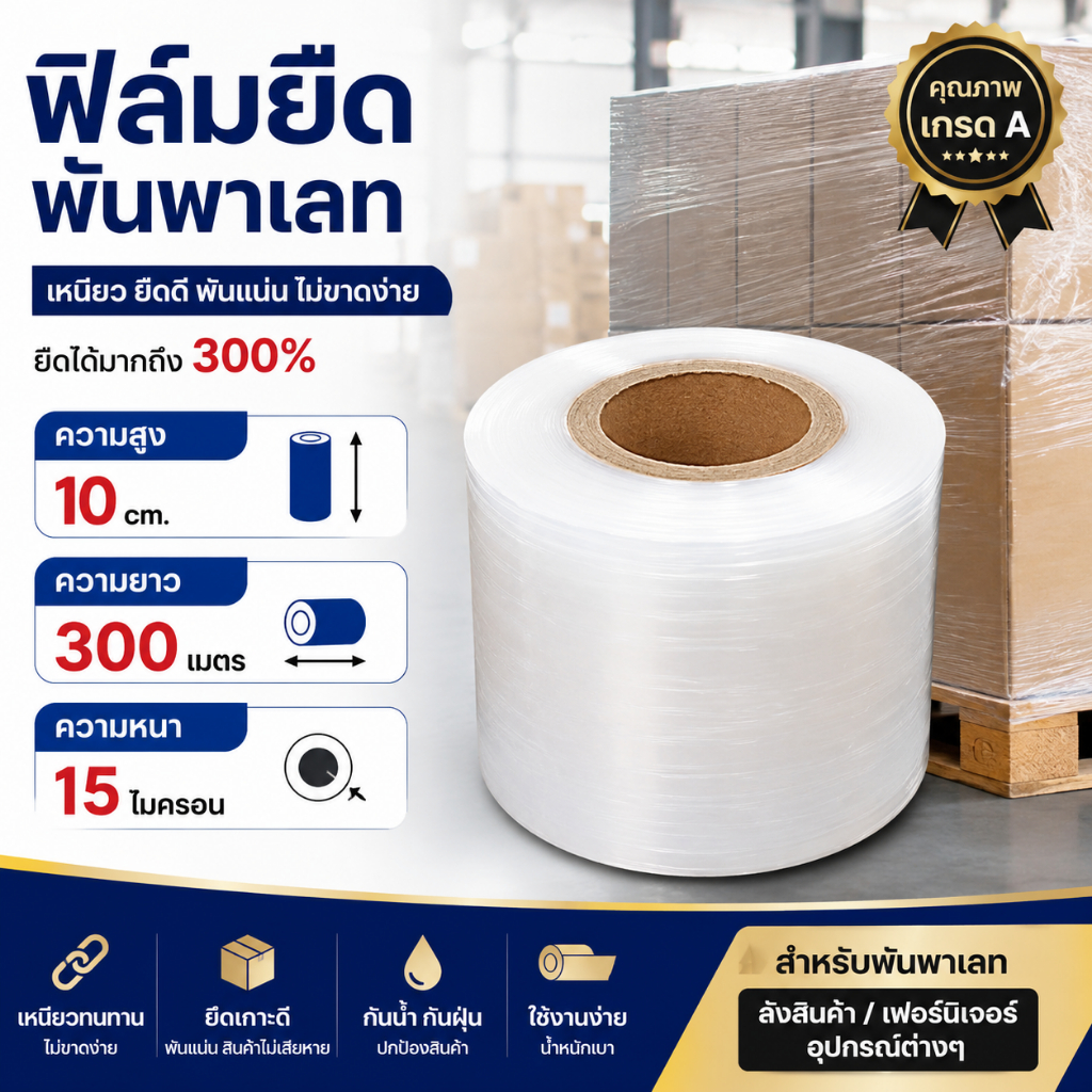 ฟิล์มยืดพันพาเลท ฟิล์มห่อของ สีใส ม้วน กว้าง 10 ซม.ยาว300เมตร  หนา 15 ไมครอน สเตรชฟิล์ม ราคาส่งโรงงาน พร้อมส่ง Boxhero
