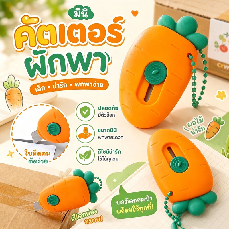 ส่งจากกรุงเทพ มินิคัตเตอร์พกพารูปแครอท ดีไซน์น่ารัก มีตัวล็อก ปลอดภัย พกพาสะดวก ตัดกระดาษเปิดกล่อง
