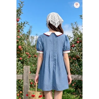 (มี3XL) สียีนส์ Cherry Cotton Dress เดรสทรงปล่อยผ้าคอตตอน แต่งเชอร์รี่ถัก ปกคอบัวปัก แขนสั้น ซิปหลัง มีซับใน