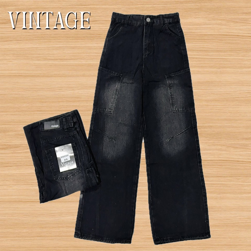 Vintage รุ่น 8809 กางเกงยีนส์ คาร์โก้ ทรงกระบอก สีดำ แต่งเฟดขา ทรงสวยผ้าไม่ยืด กระเป๋าตรง 2 ใบ