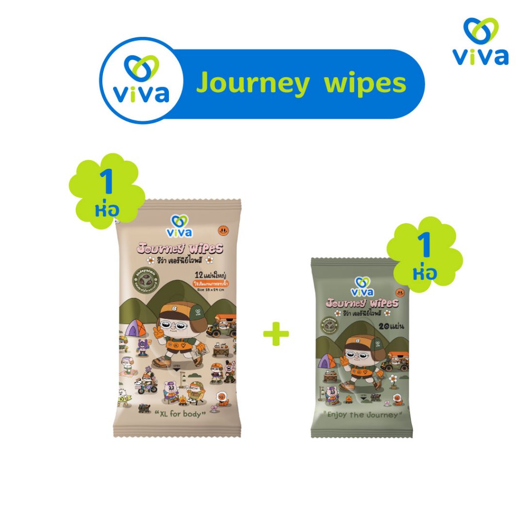 ViVa Journey Wipes  วีว่า ทิชชู่เปียก ใช้แทนการอาบน้ำ  ขนาดใหญ่ (1 ห่อ) + ขนาด 20แผ่น (1 ห่อ )