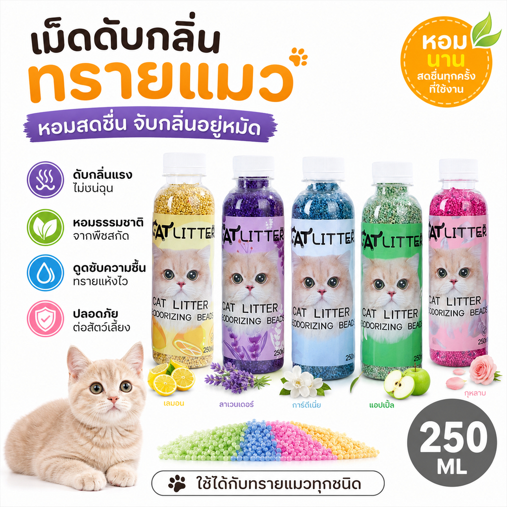 250ML เม็ดดับกลิ่นทรายแมว ที่ดับกลิ่นอึแมว ที่ดับกลิ่นฉี่แมว เม็ดดับกลิ่น ที่ระงับกลิ่น โรยบนทรายแมว