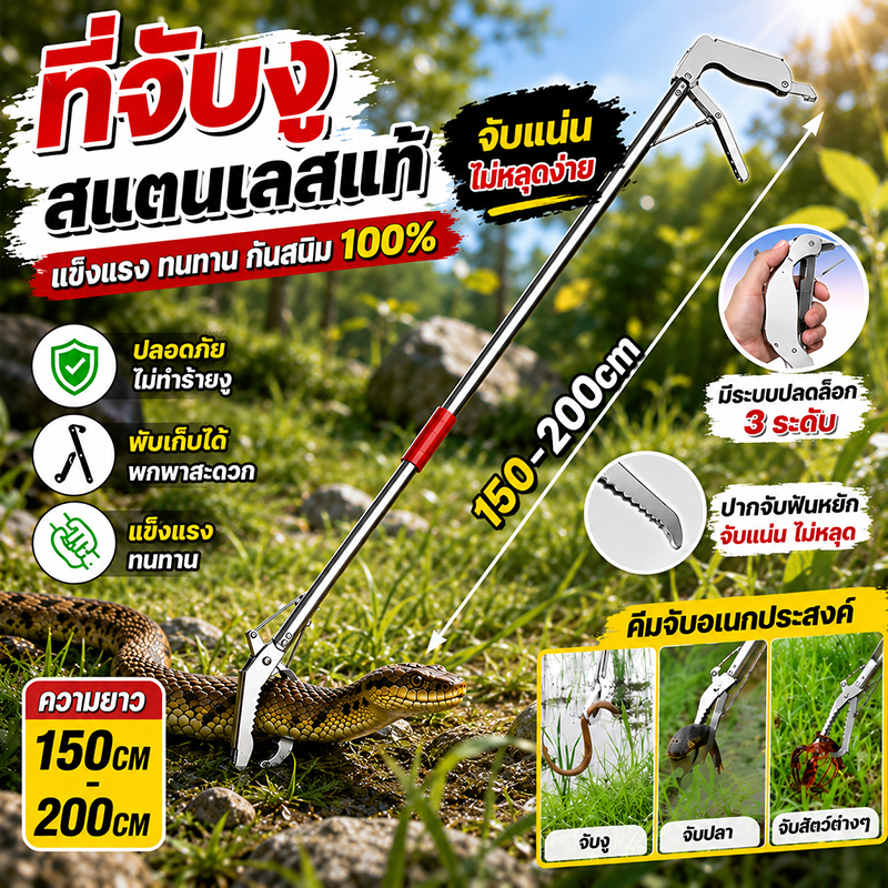 【👍ทนทานนานถึง 60 ปี👍】ที่คีบจับงู ความยาว 150/200 ซม. คีมจับงูสแตนเลส ด้ามพับได้พกพาสะดวก มีระบบล็อคความปลอดภัยทางกล