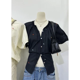 M2256 เสื้อเบลาส์ปักลายน่ารัก มินิมอลสุดๆ! งานน่ารักใส่สบาย ทรงคอผูกเชือกพู่ chic ชิค