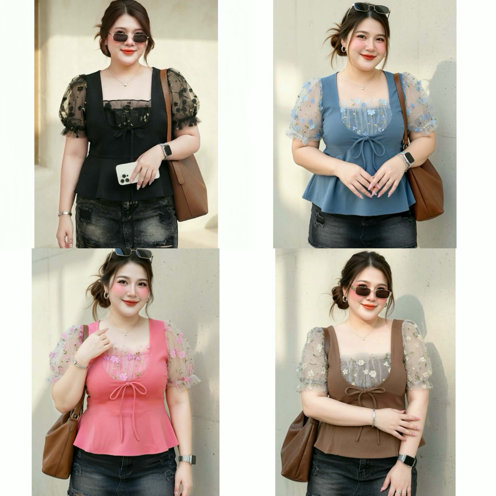 เสื้อใส่งานแต่ง งานบวช สวยๆพลัสไซส์ สำหรับสาวอวบอ้วน ดีเทลแขนมุ้งแต่งดอกไม้3Dผ้ายืดใส่สบาย พรางหุ่น