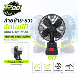 พัดลมแบตเตอรี่ไร้สาย 21V ขนาด 8 นิ้ว ส่ายซ้าย-ขวา 2 ระดับ ตะแกรงโลหะ พร้อมแบตลิเธียม 1 ก้อน เซลล์ 18650