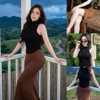 COZE-450-เซ็ต2ชิ้นคอเต่าแขนกุดเสื้อตัวยาวเว้าเอว+กระโปรงทรงยาวหางปลา
