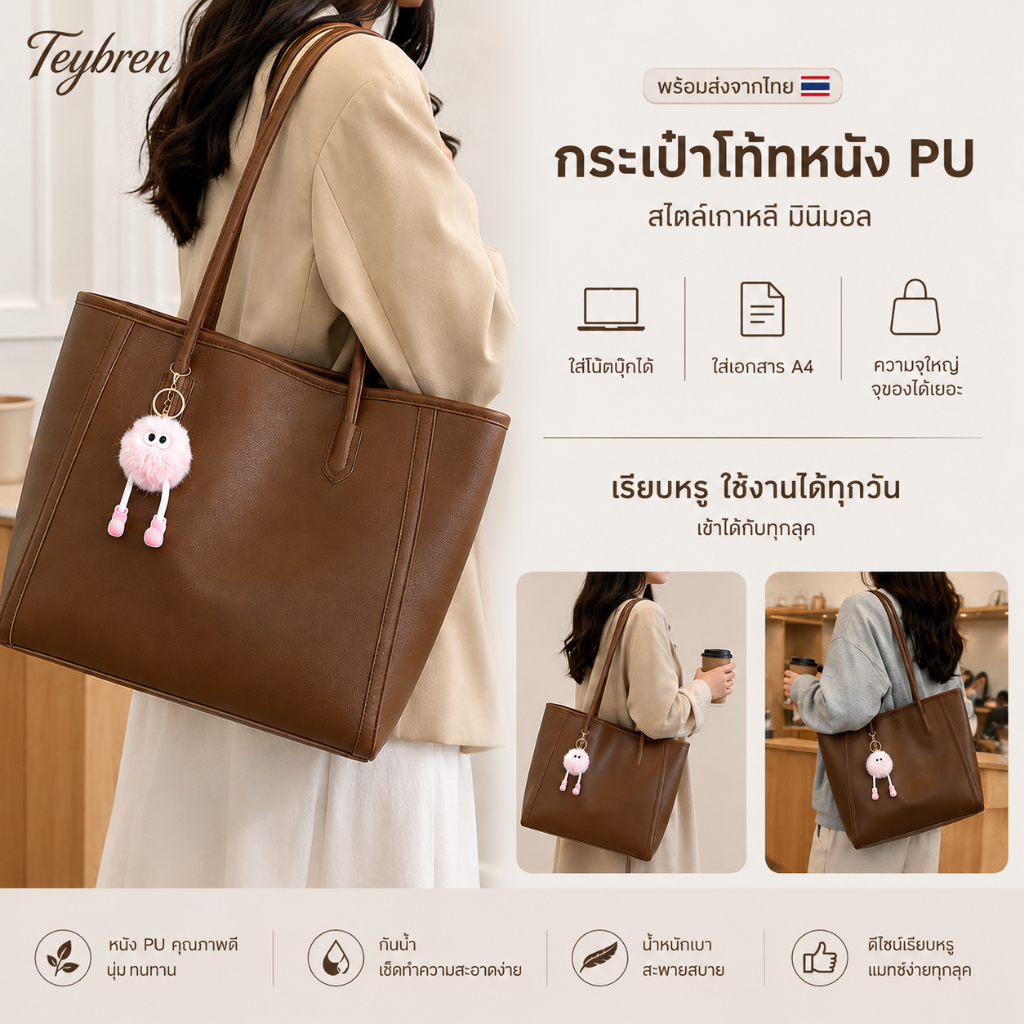 🔥พร้อมส่ง กระเป๋าโท้ทหนัง PU กระเป๋าทำงาน ใส่โน๊ตบุ๊คได้ จุของได้เยอะ สไตล์เกาหลี มินิมอล ใช้ทำงาน เรียน เที่ยว