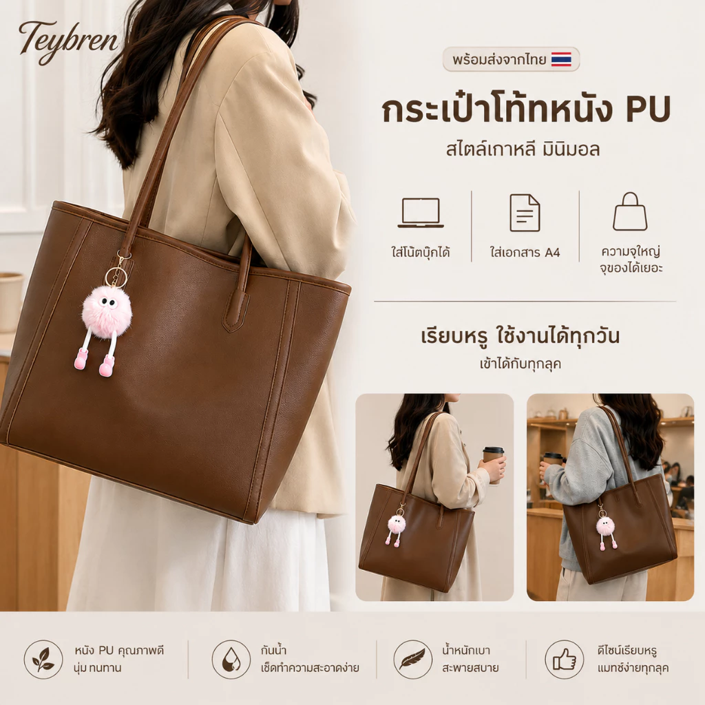 🔥พร้อมส่ง กระเป๋าโท้ทหนัง PU กระเป๋าทำงาน ใส่โน๊ตบุ๊คได้ จุของได้เยอะ สไตล์เกาหลี มินิมอล ใช้ทำงาน เรียน เที่ยว