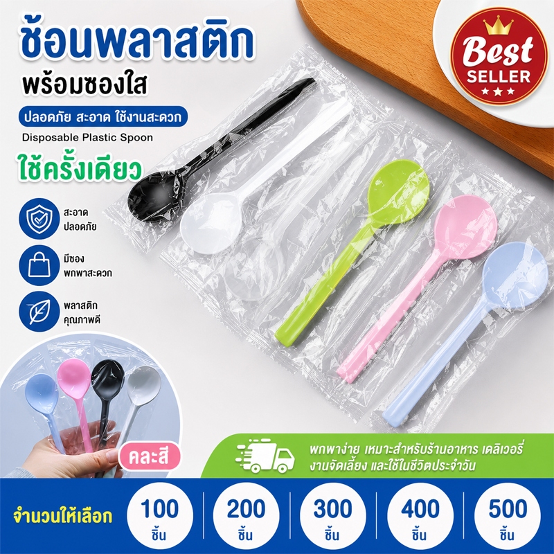 ช้อนกลมขนม 100 ชิ้น แยกบรรจุซีลทีละชิ้น มีให้เลือก 5 สี วัสดุมาตรฐานเกรดอาหาร แข็งแรงทนทาน ยากที่จะหักได้ สินค้าคงคลังใน