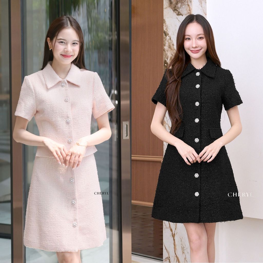 Cheryl brand - Lady Vivenne Tweed Dress in Tender Pink / เดรสผ้าทวีต คอปกกระดุมหน้า
