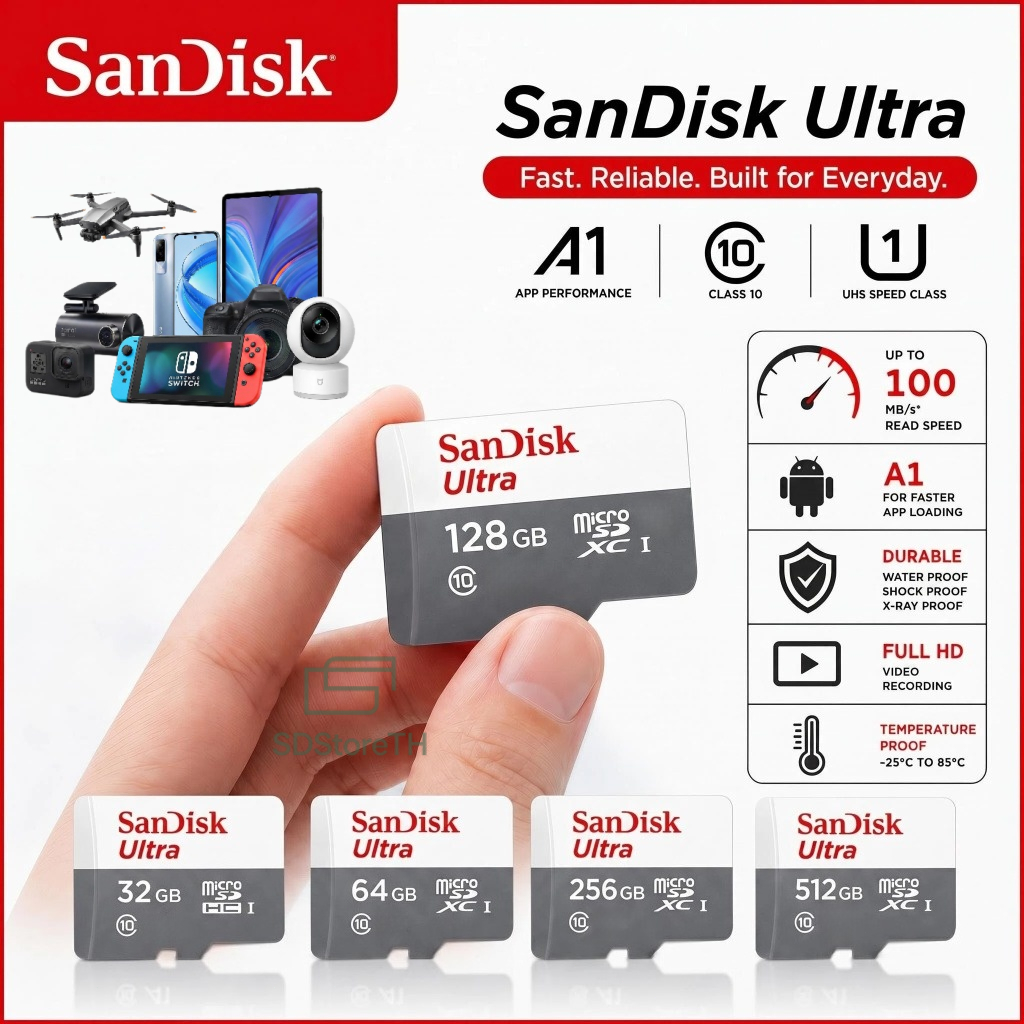 ✔ของแท้✔ 32GB 64GB 128GB MICRO SD CARD (ไมโครเอสดีการ์ด) SANDISK ULTRA SDXC CLASS 10 (SDSQUNR) ความเร็ว 100MB/s