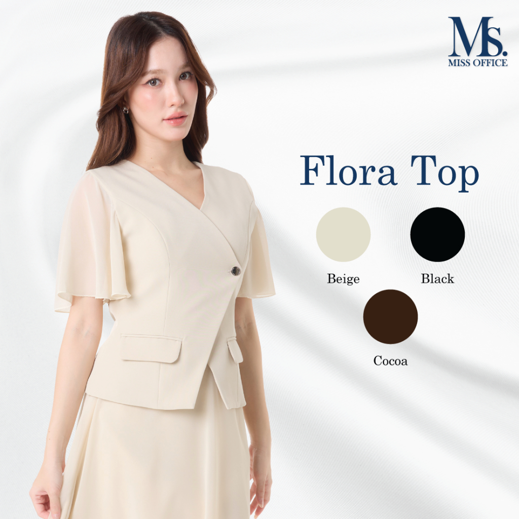 Miss Office เสื้อคอวีทบป้ายแขนแต่งระบายชีฟอง (MT-527)