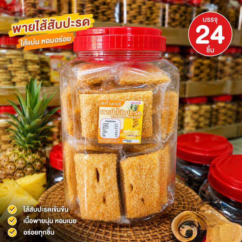 (.1.กระปุกใหญ่) 24 ชิ้น แผ่น พายใส้สับปะรด ทำสดใหม่ อร่อย ละมุน ชิ้นใหญ่