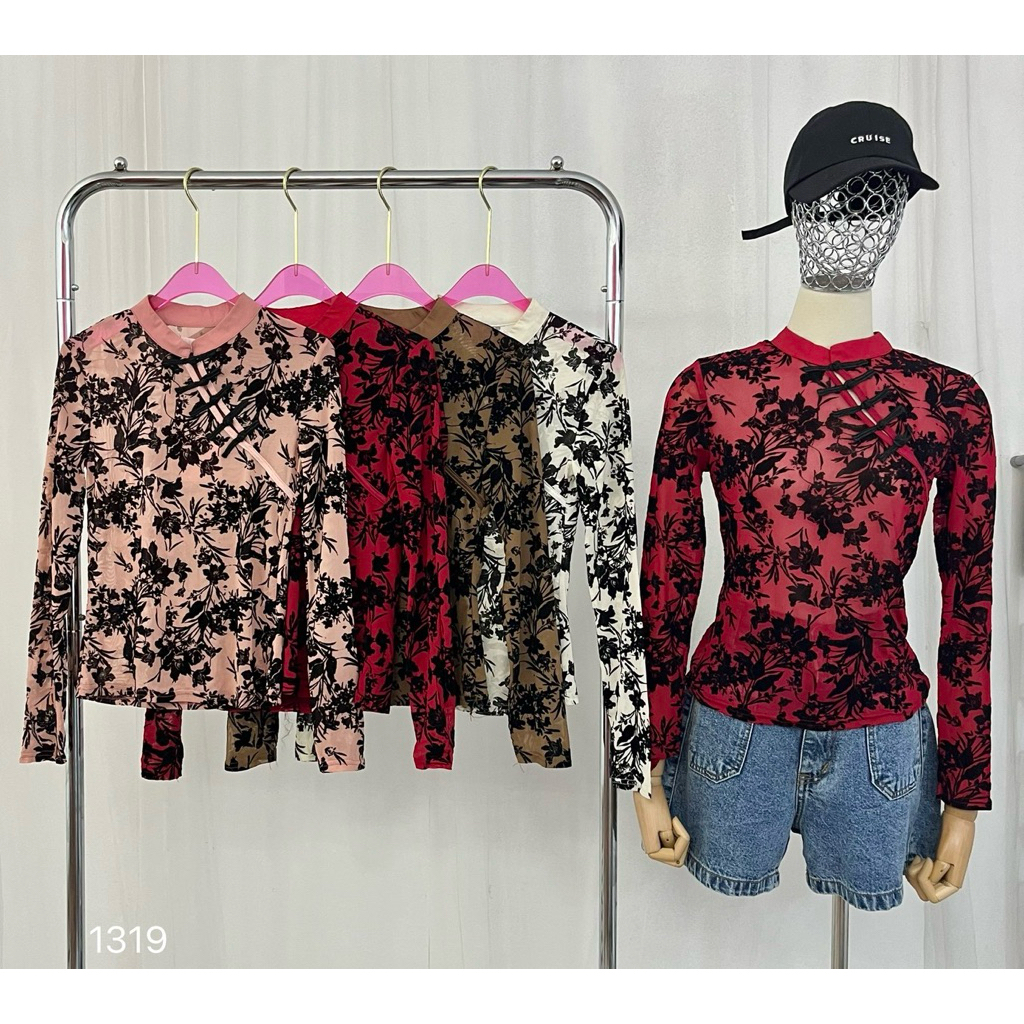 เสื้อแขนยาวซีทรู ปริ๊นลายดอกไม้สีดำแต่งคอจีน