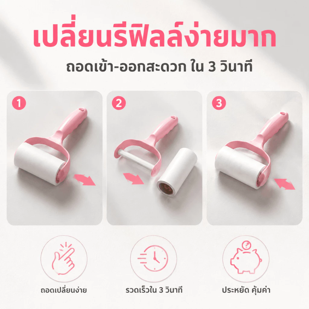[พร้อมส่ง]ลูกกลิ้งเก็บฝุ่นและขนบนเสื้อผ้า ลูกกลิ้งกำจัดขน ลูกกลิ้งทำความสะอาด ขจัดขนแมวและขนสุนัข ลูกปาที่ชัดเจน ชุดสีชม thumbnail 6