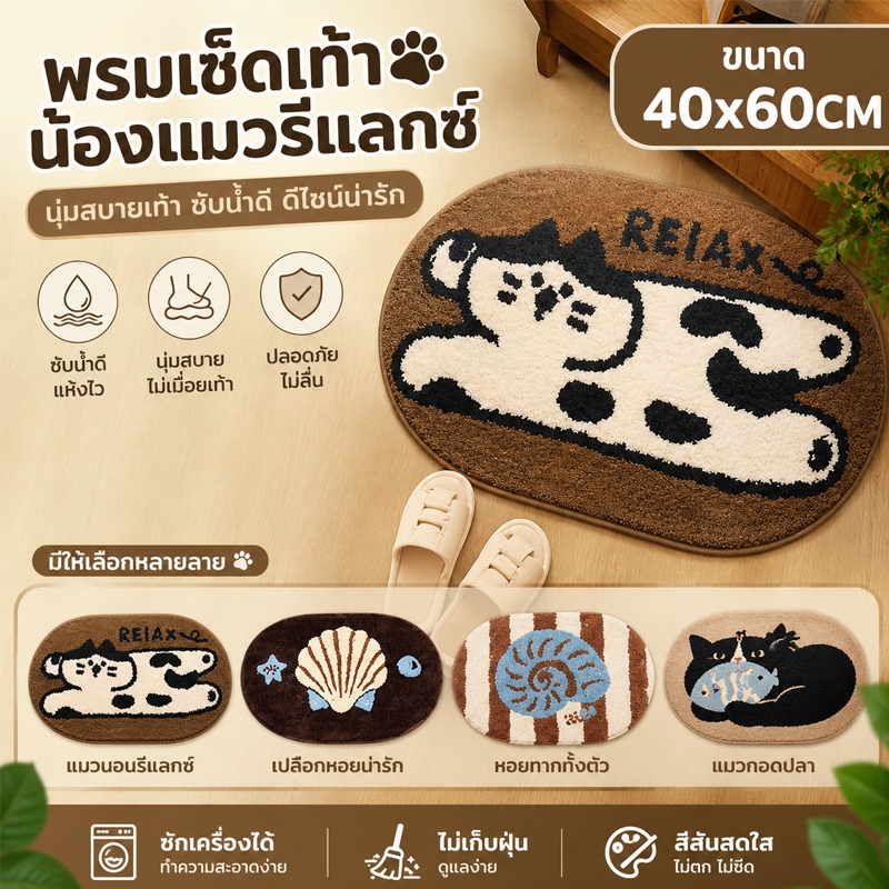 COD พรมเช็ดเท้า 40x60ซม พรมปูพื้น ดูดซับน้ำ แห้งไว กันลื่น ลายการ์ตูนน่ารัก ใช้ได้กับห้องน้ำ ห้องนอน