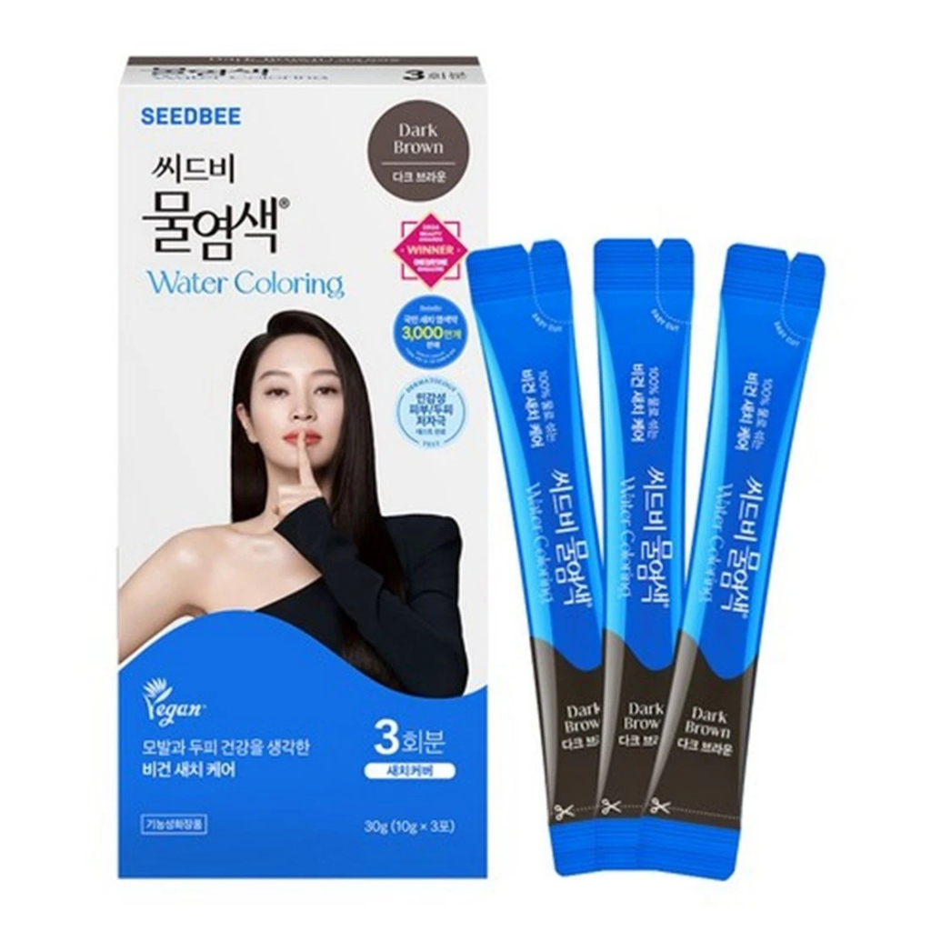 [สี Dark Brown Korean Package] SEEDBEE Water Coloring (10g x 3 ซอง) น้ำย้อมผม ออร์แกนิค ปิดผมขาว พร้อมอุปกรณ์ย้อมผม