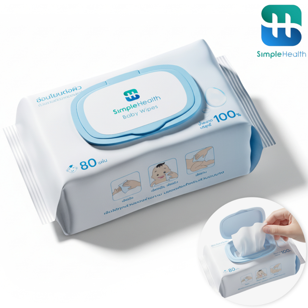 Simple Healthcare ทิชชู่เปียกเช็ดมือเช็ดปาก สูตรสะอาดหมดจด Baby Wipes แบบพกพา 80 แผ่น